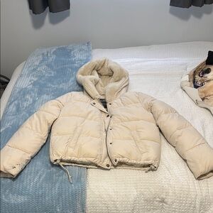 Women's Cream Puffer Jacket with Hood